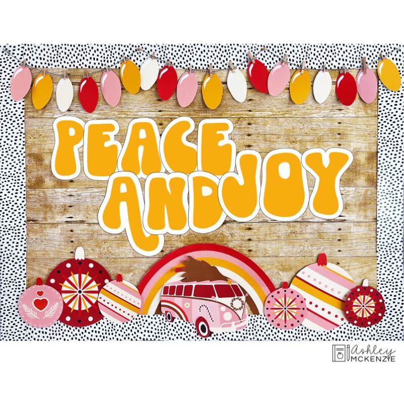 A classroom bulletin board decorated with the saying "Peace and Joy" in a retro design