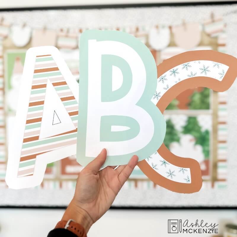 A-Z bulletin board letters are shown in 3 winter themed prints
