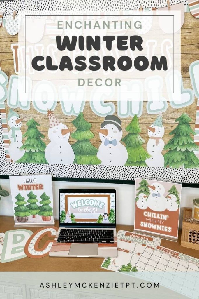 Winter classroom decor displayed in a learning environment including Google Slides templates, a bulletin board kit featuring snowmen and evergreen trees, classroom posters, and A-Z bulletin board letters