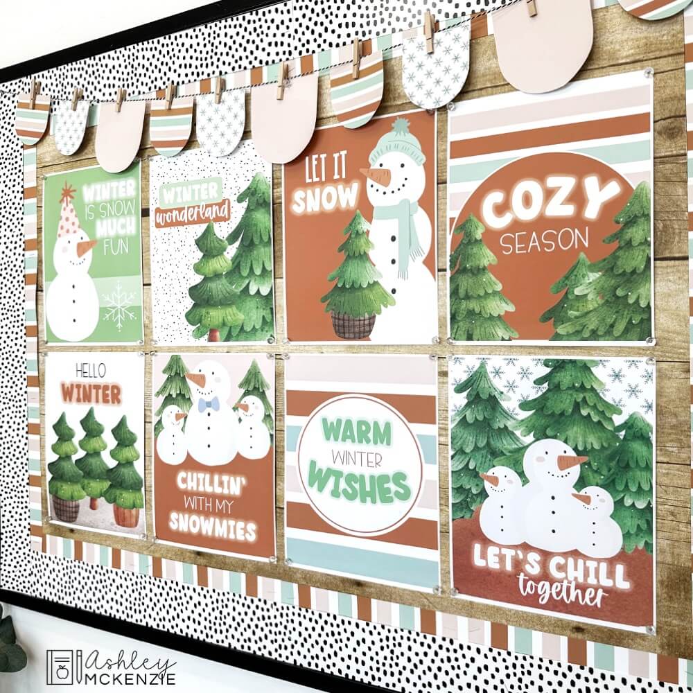 Winter classroom decor featuring 8 unique classroom posters with snowmen, evergreen trees, and upbeat winter sayings