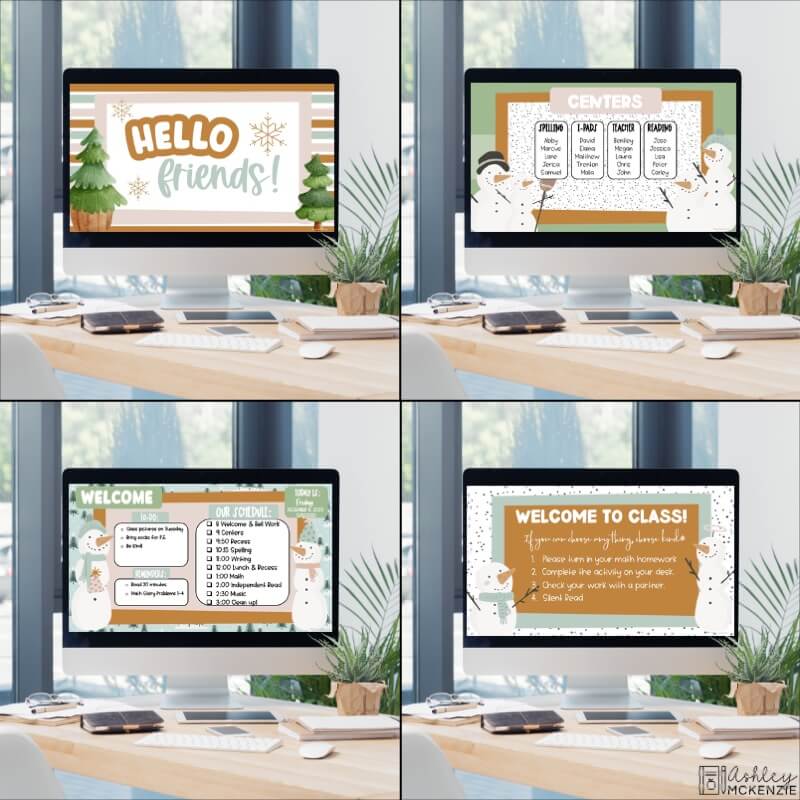 Multiple classroom computers displaying Google Slides templates in a winter theme