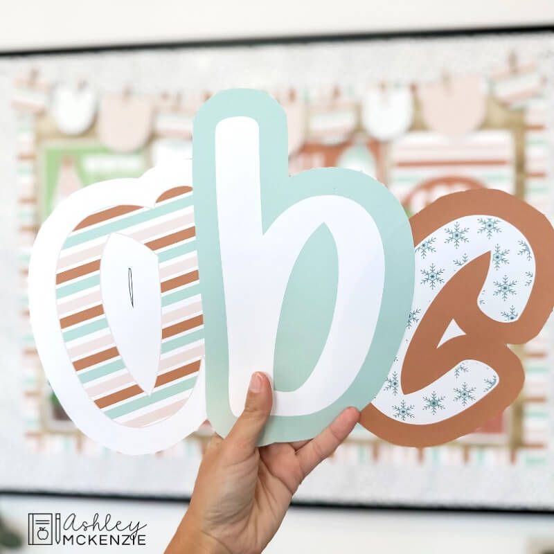 A-Z bulletin board letters in 3 winter prints are shown, in a primary friendly font