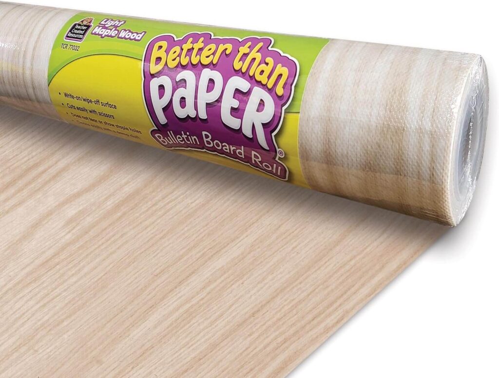 A roll of bulletin board background paper in a light maple wood design