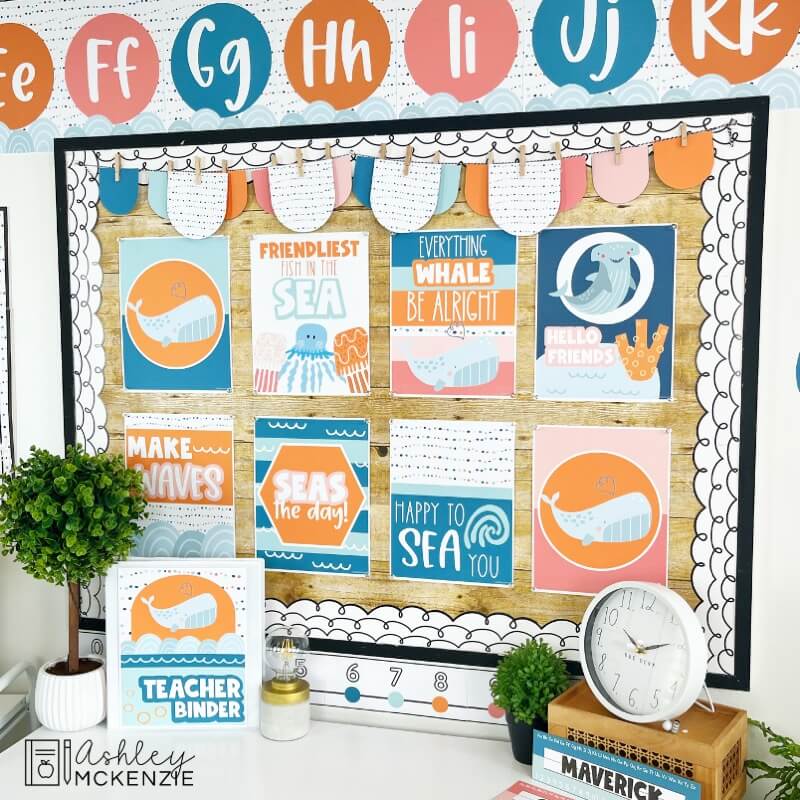 A classroom bulletin board decorated with ocean themed classroom posters