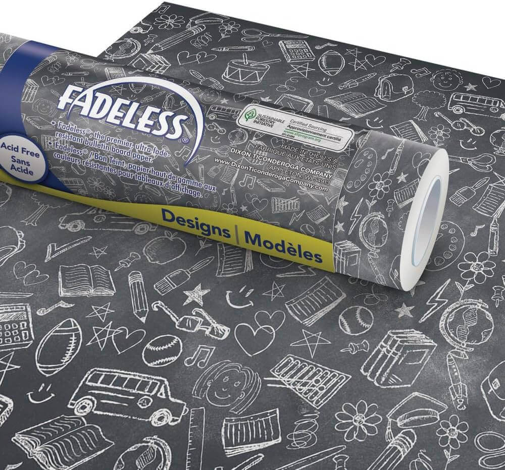 A roll of bulletin board background paper with a chalkboard design with school doodles decorating the black background