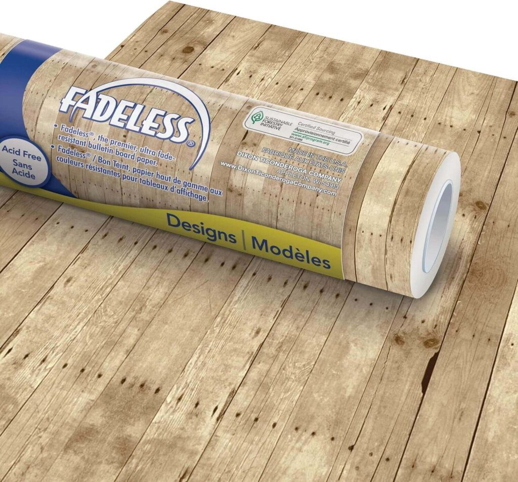 A roll of Fadeless weathered wood bulletin board background paper roll