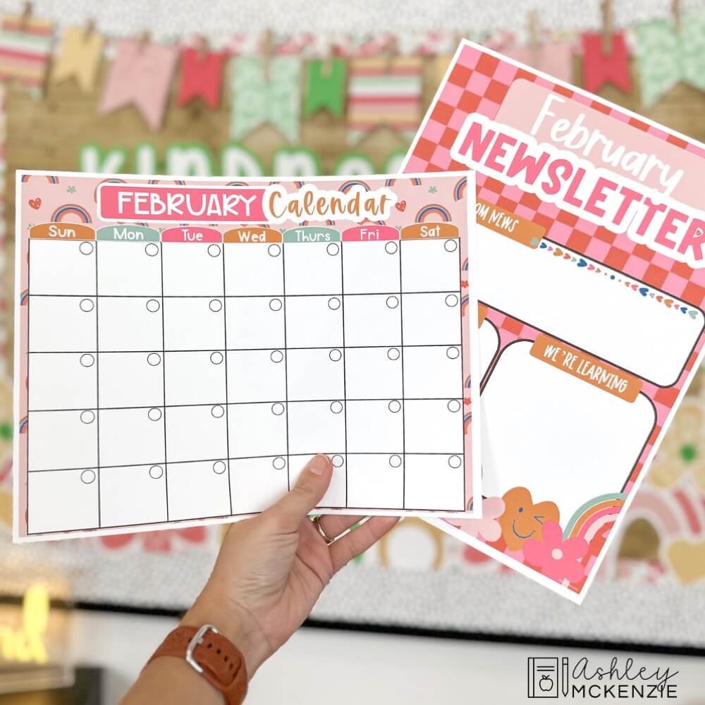 February newsletter and calendar templates featuring checkered patterns, rainbows, and flowers