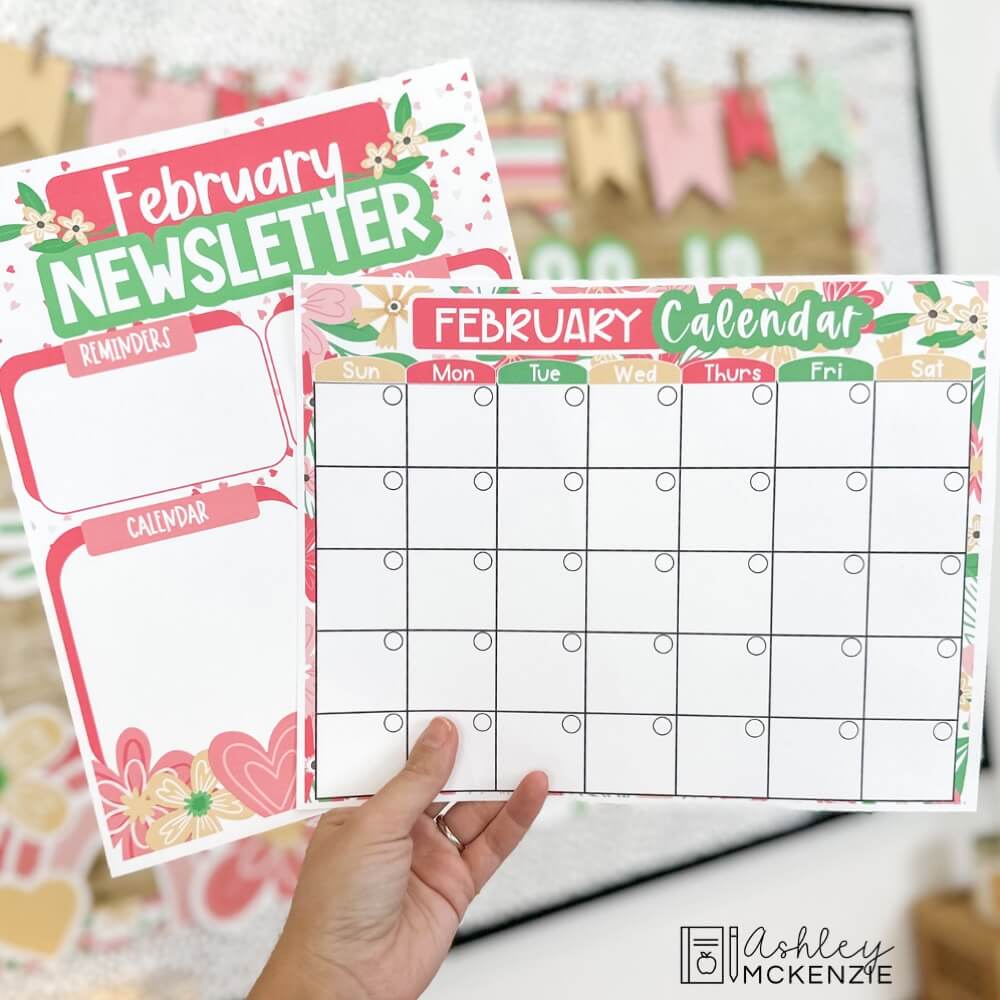 February seasonal newsletter templates and calendar featuring floral designs