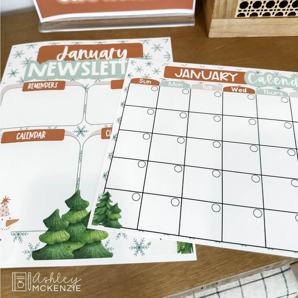 January themed newsletter templates and calendar featuring evergreen trees and snowmen