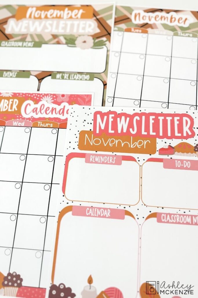 November seasonal newsletter templates in 2 unique styles, plus matching calendars