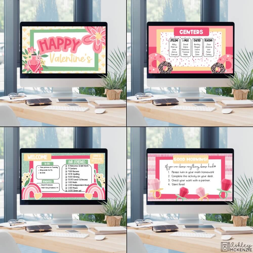 Four classroom computer screens are displaying a variety of Valentines themed slide template designs used for displaying class schedules, centers, and more