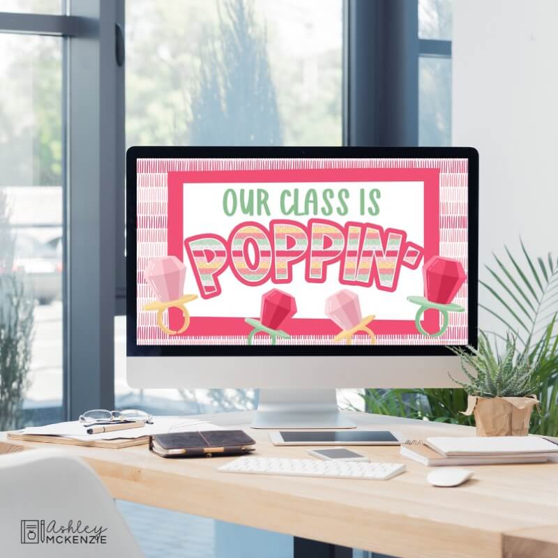 A classroom computer displaying Valentine's Day themed Google Slides Templates