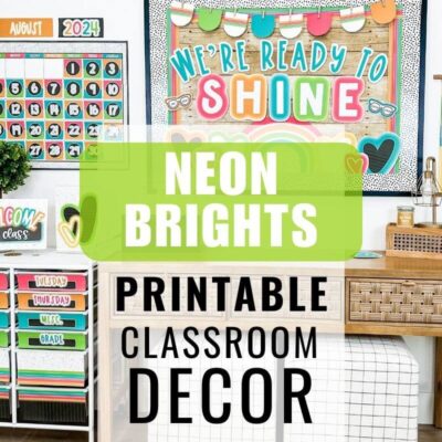 A classroom decorated with brightly colored neon designs