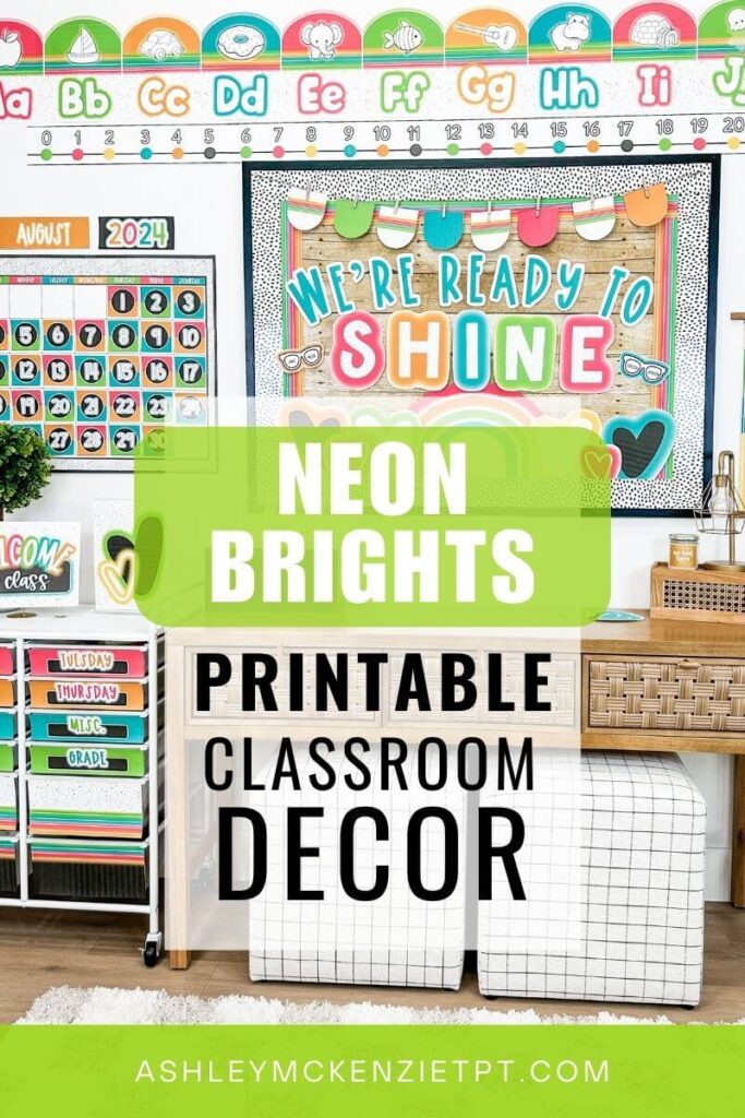 A classroom decorated with brightly colored neon designs