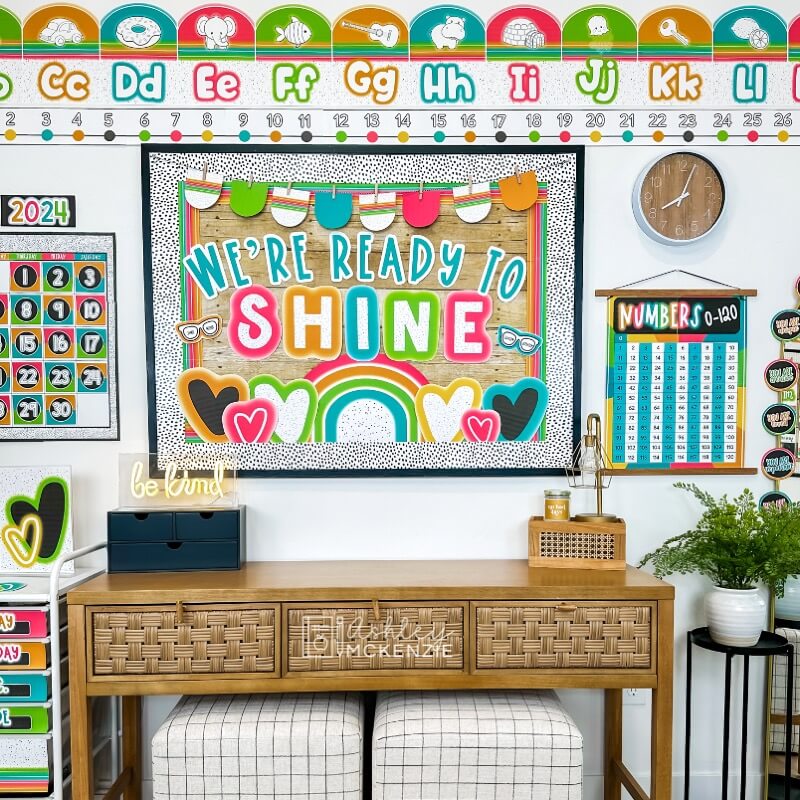 A classroom decorated with neon brights classroom decor