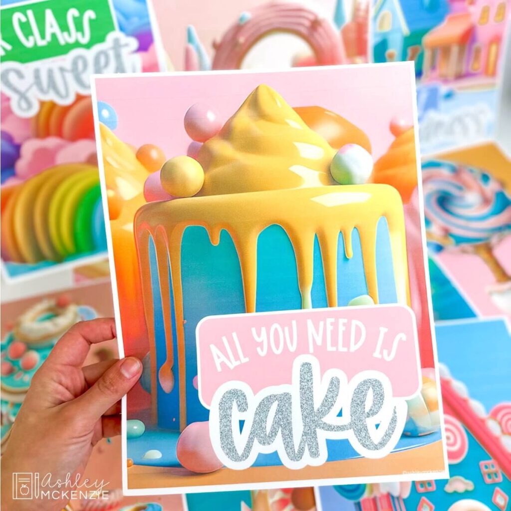 A colorful poster is shown with the saying "All you need is cake" with the image of a pastel colored cake