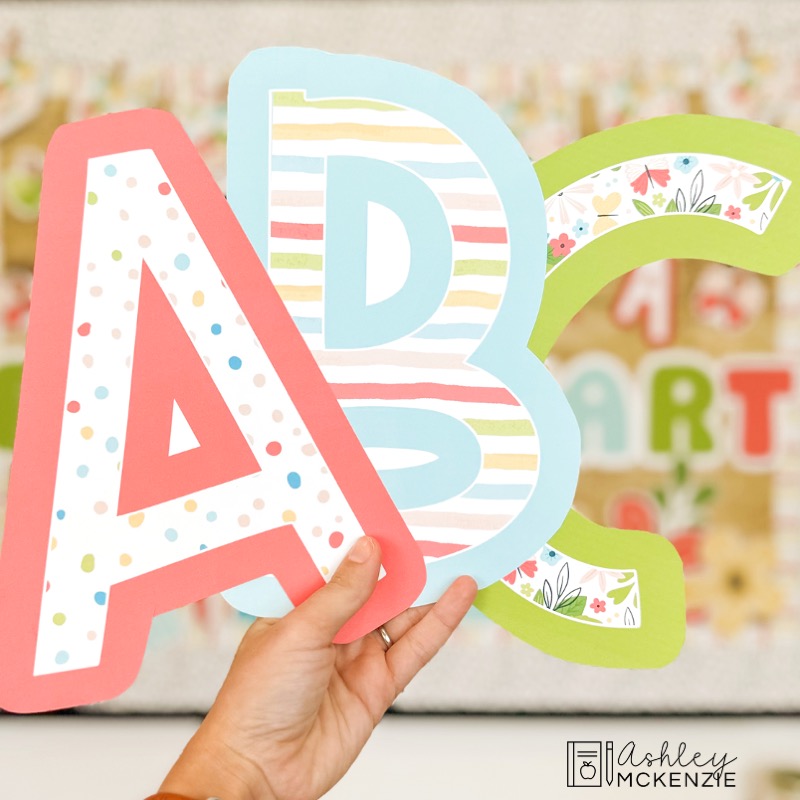 Spring classroom decor featuring A-Z bulletin board letters in vibrant colors and fun spring themed prints