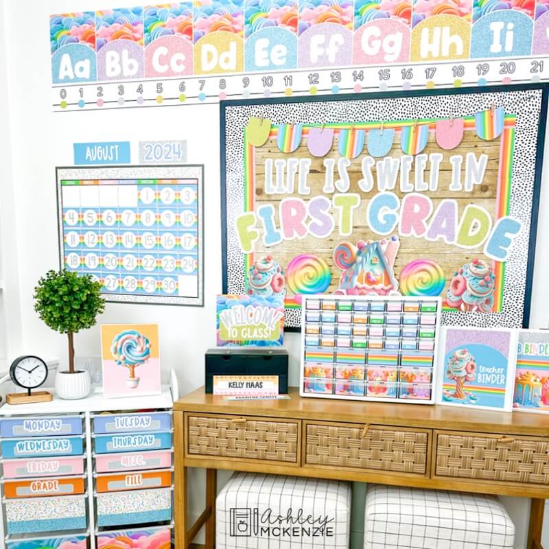 A classroom decorated with a sweet treats theme featuring pastel colors