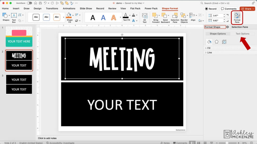 A computer screen showing how to reach the "Text Options" format pane settings in PowerPoint