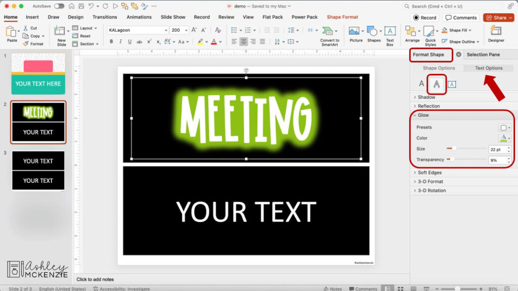 A computer screen showing how to make text glow in PowerPoint